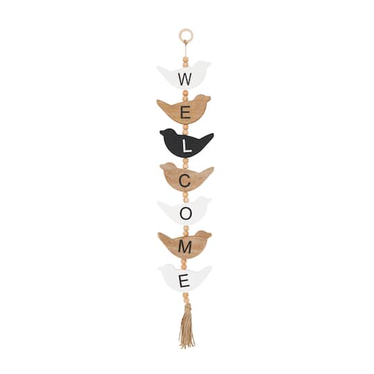 7" x 42" Handmade Black Wood Bird Welcome Sign Wall Décor with Tassel & Bead Accents